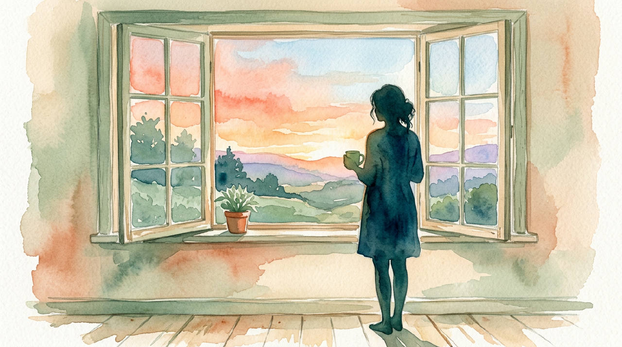 Silhouette of woman looking out window at dawn, warm hopeful watercolor