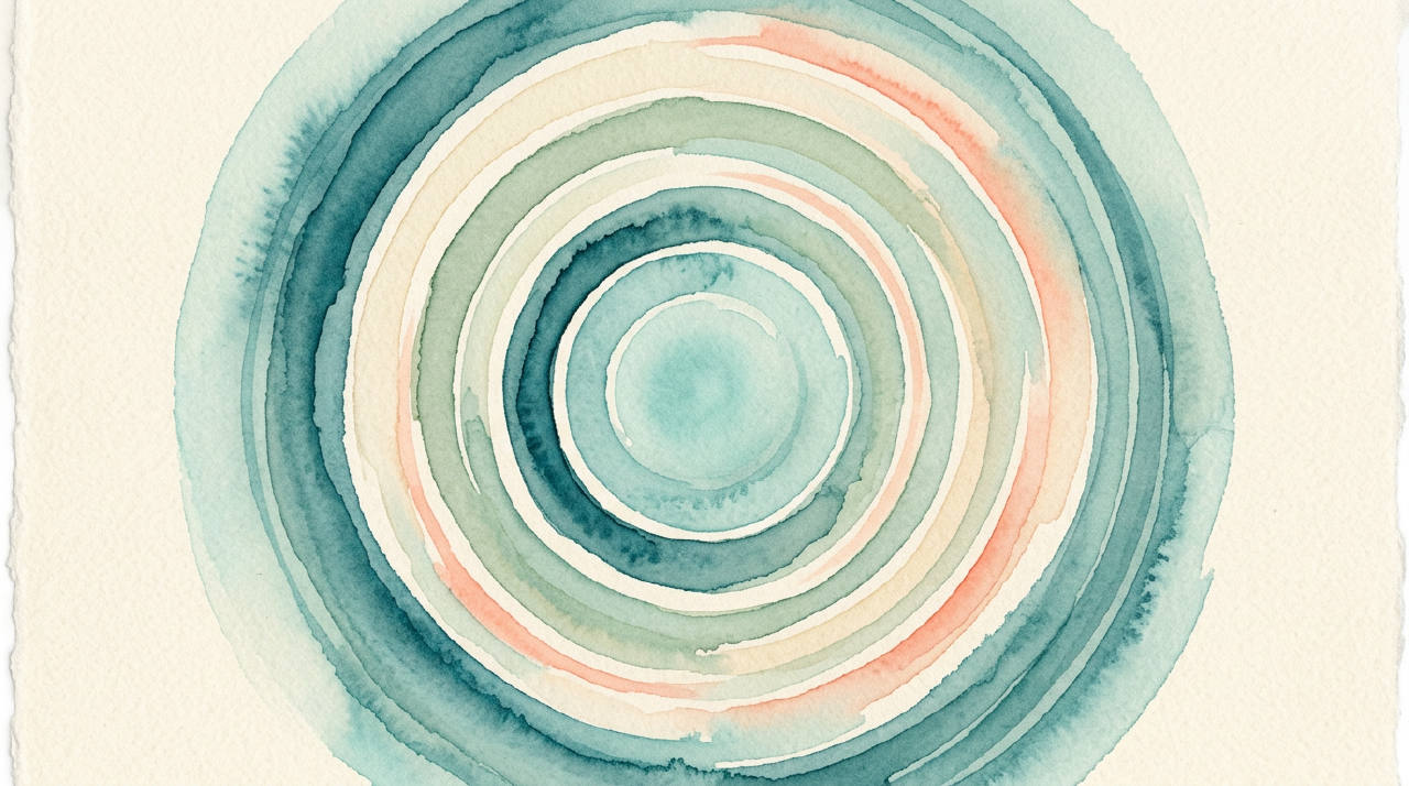 Watercolor concentric aqua ripples on cream background, calm minimalist