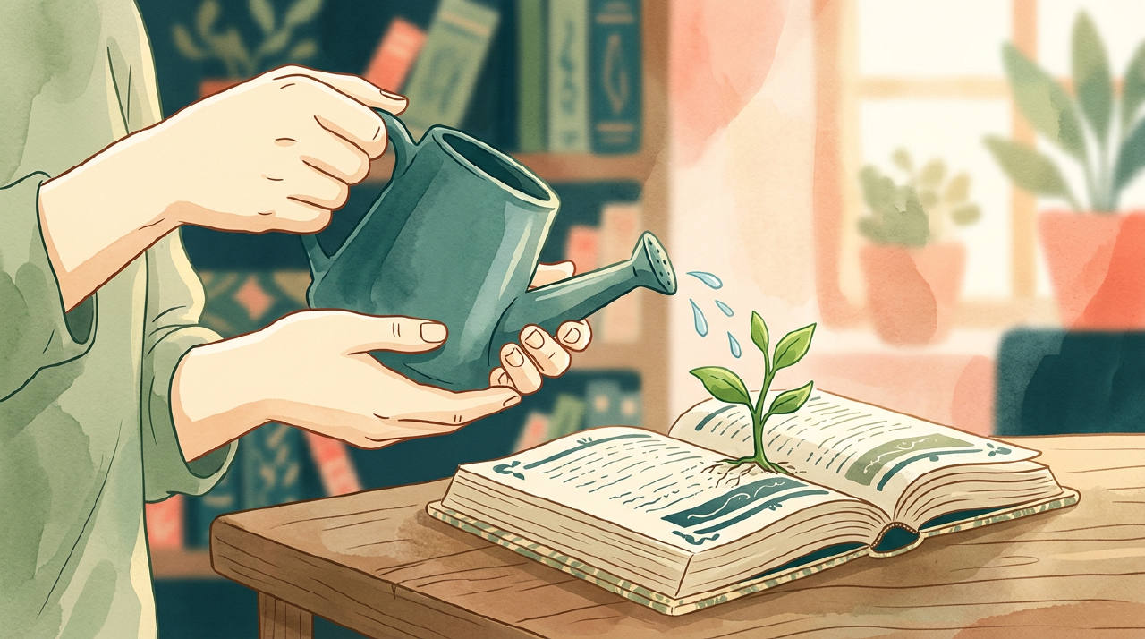 Una persona regando una pequeña planta que crece en un libro abierto.