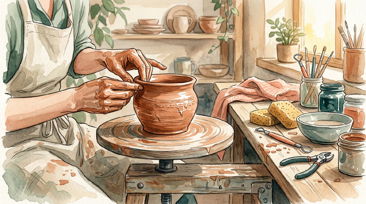 Unfinished pottery on a wheel in warm sunlight, terracotta watercolor