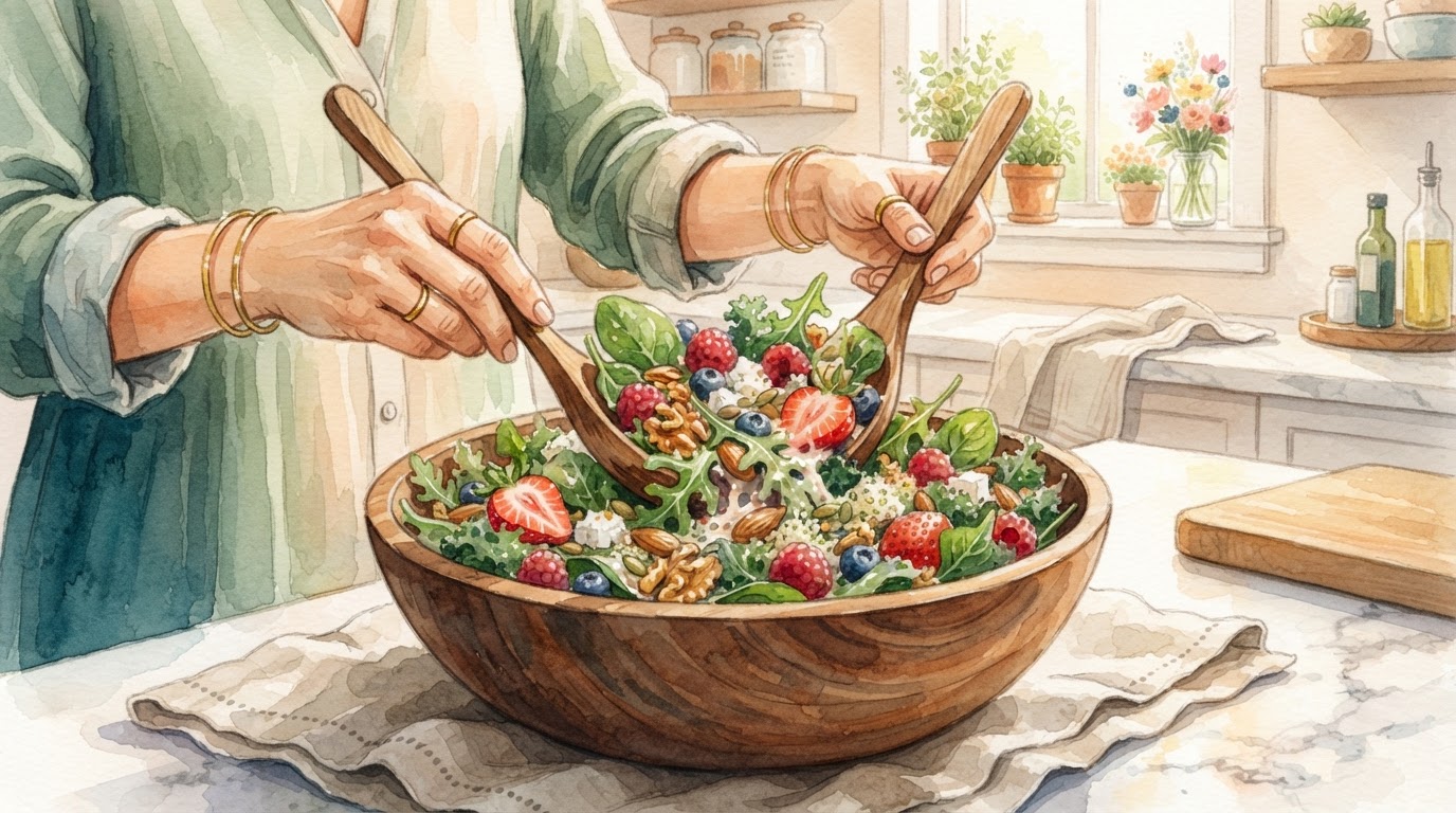 Una persona sonriendo mientras prepara una ensalada vibrante y colorida en una cocina luminosa y moderna