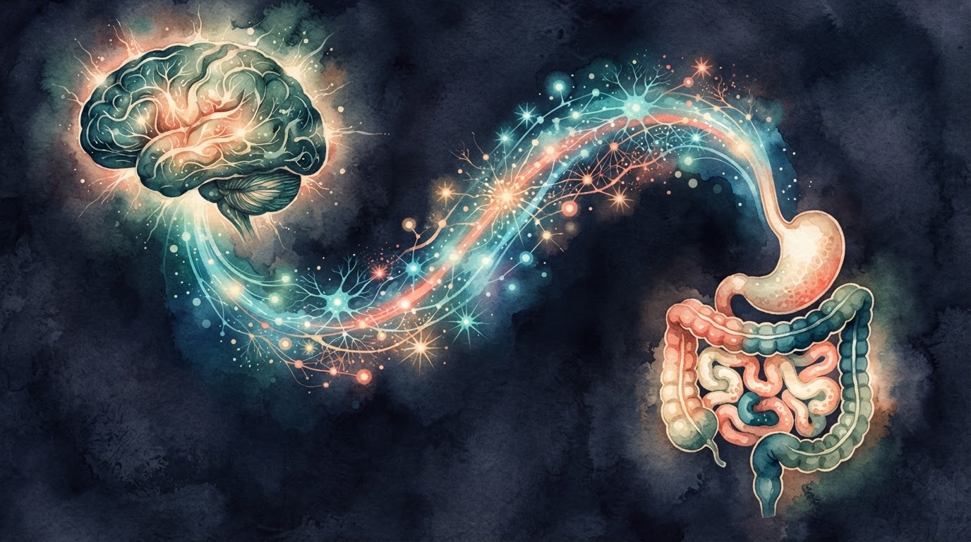 Ilustración abstracta que muestra una conexión brillante entre un cerebro estilizado y un intestino