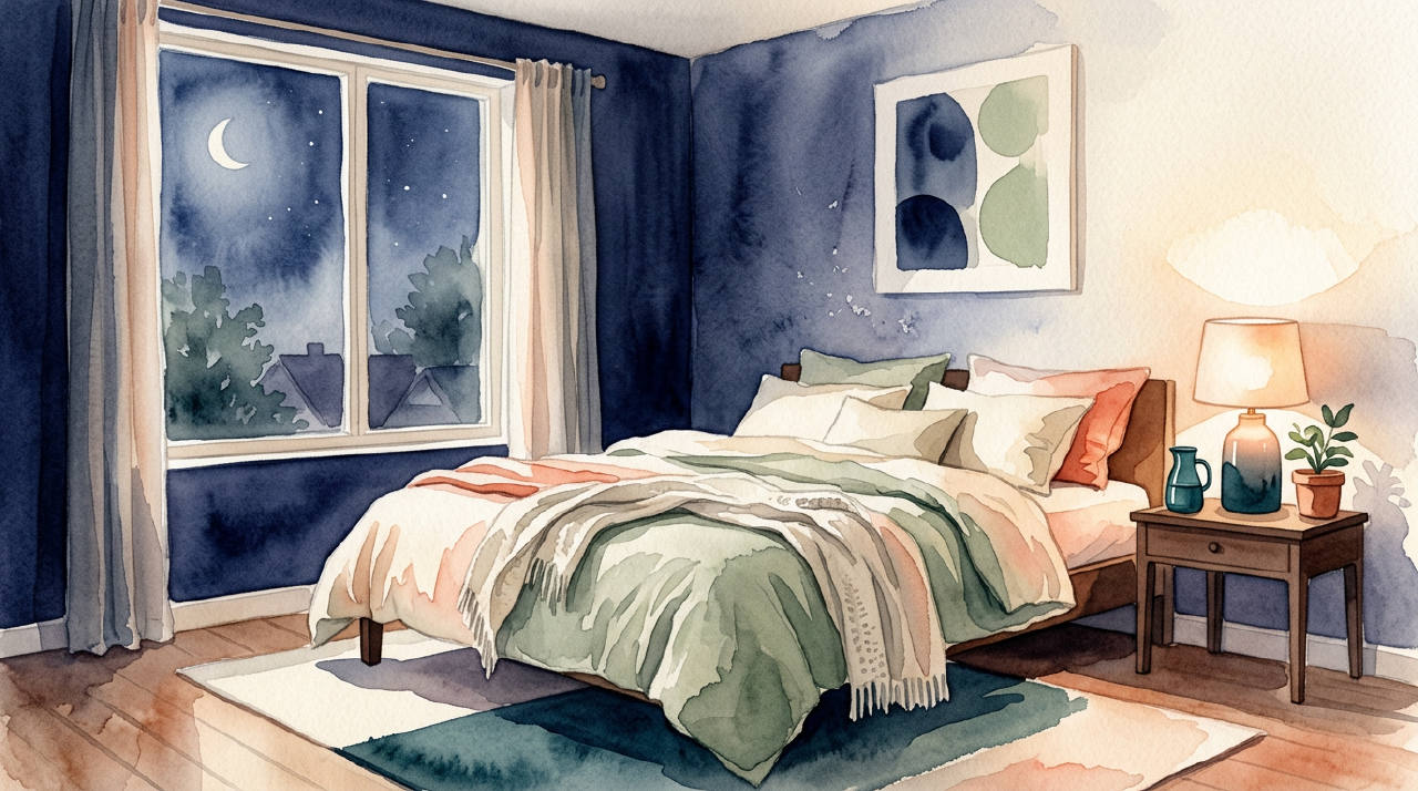 Minimalist moonlit bedroom with soft linens and warm bedside light, indigo cream watercolor