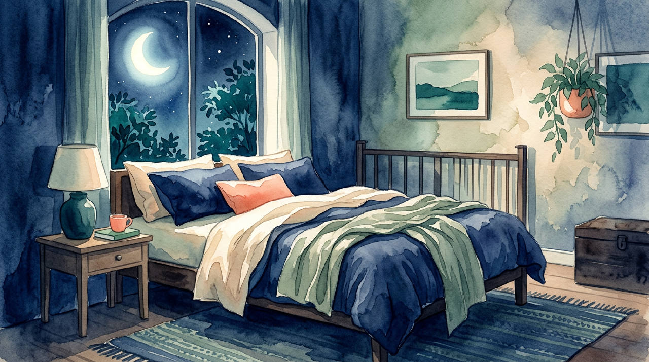 Moonlit bedroom with soft linens, indigo watercolor