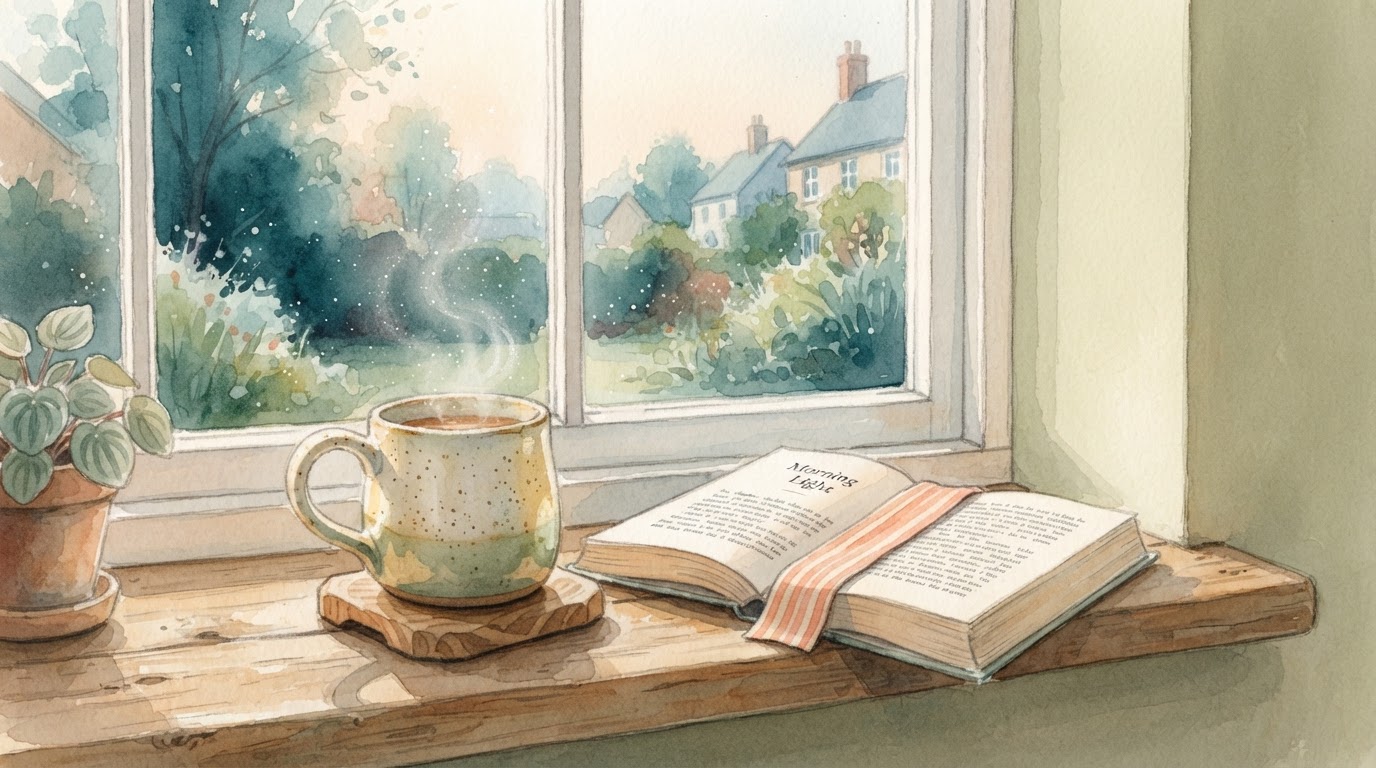 Una taza de cerámica humeante en un alféizar de madera, con la luz suave del amanecer entrando por la ventana y un libro abierto al lado.