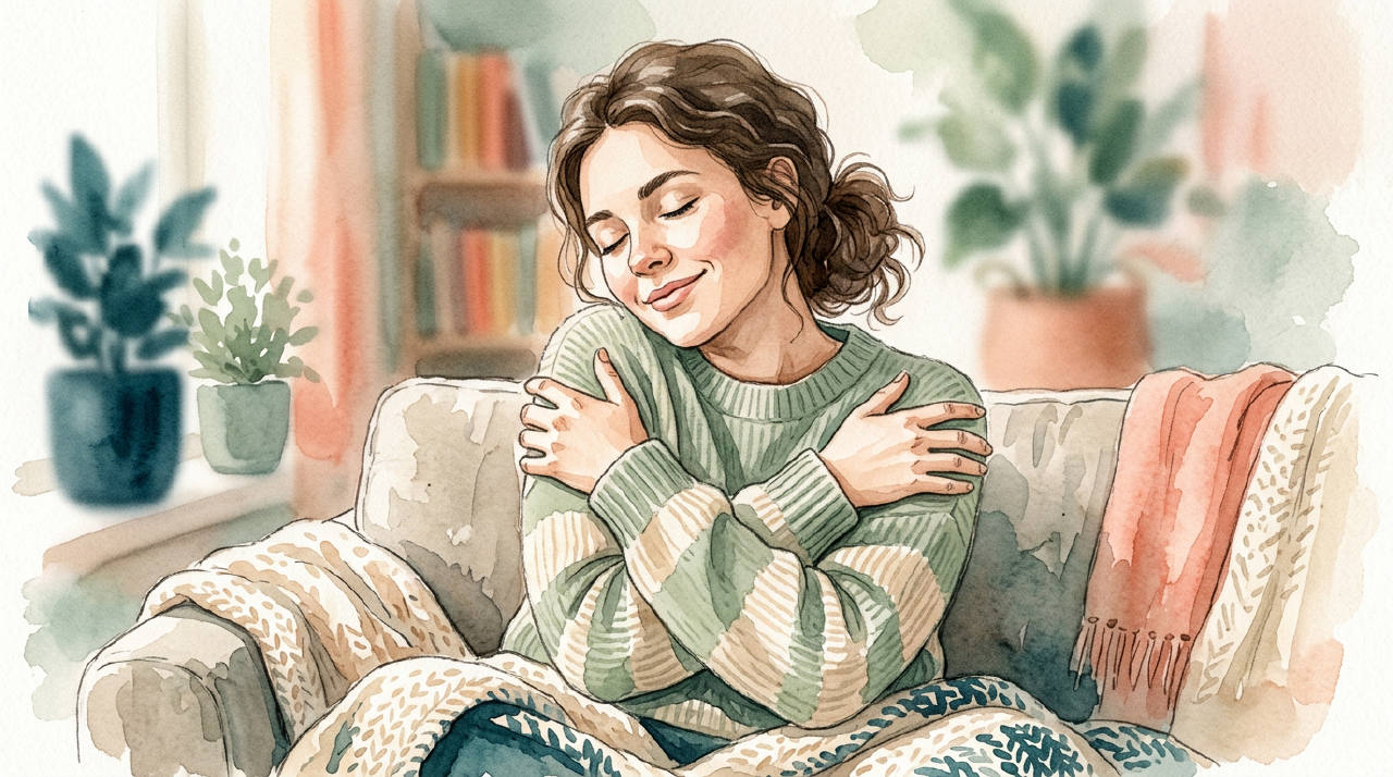 Una ilustración cálida de una persona practicando un auto-abrazo, con una expresión de calma en su rostro. El fondo es suave y desenfocado.
