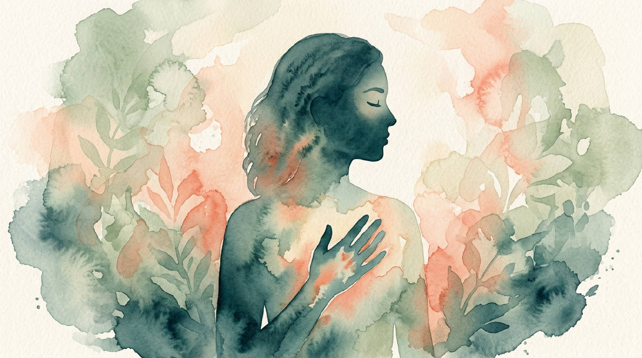 Hand on chest silhouette, soft warm watercolor