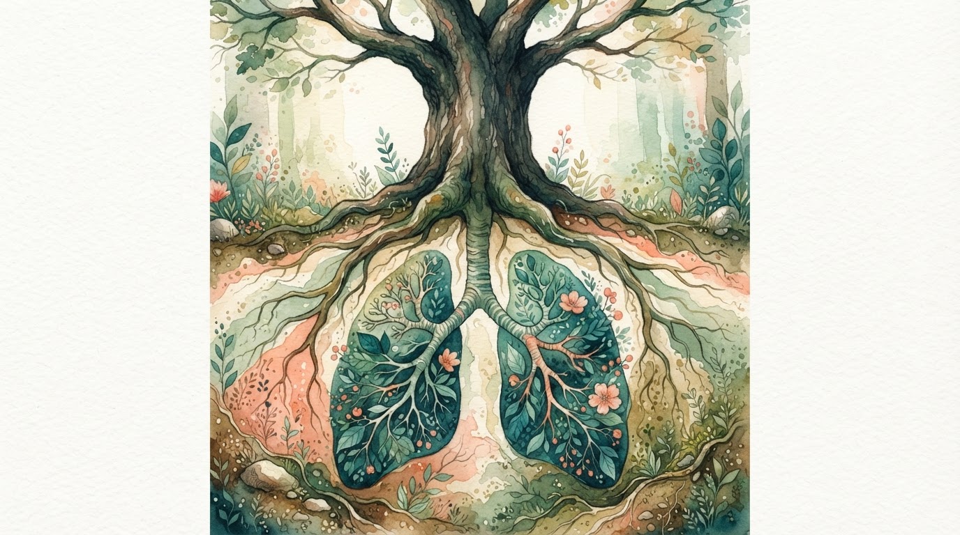 Una ilustración conceptual mostrando raíces de un árbol que se transforman en pulmones humanos, entrelazados con la tierra