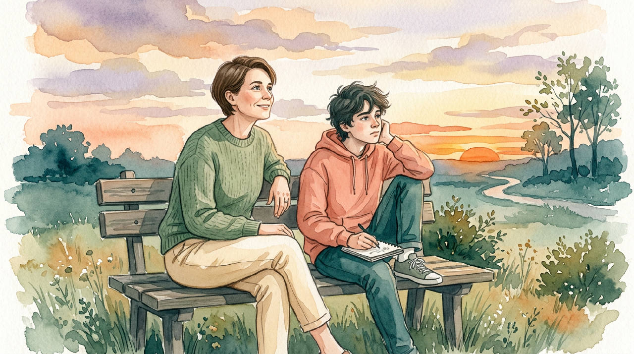 Parent and teen sitting side by side on a bench at sunset, watercolor