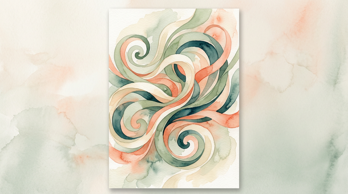 Abstract magazine cover of intertwined ribbons in soft pastel colors, editorial watercolor