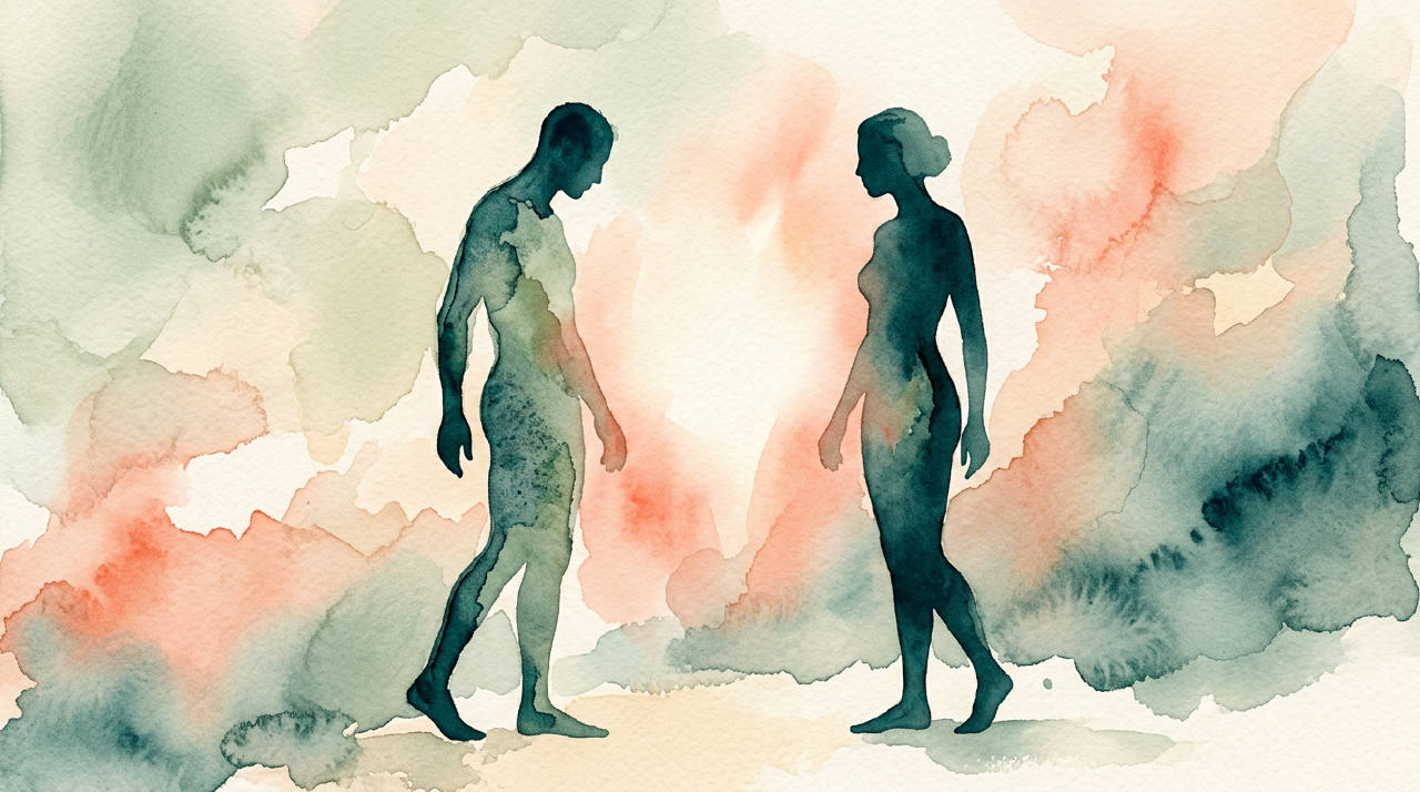 Two abstract silhouettes with a soft light between them, editorial watercolor