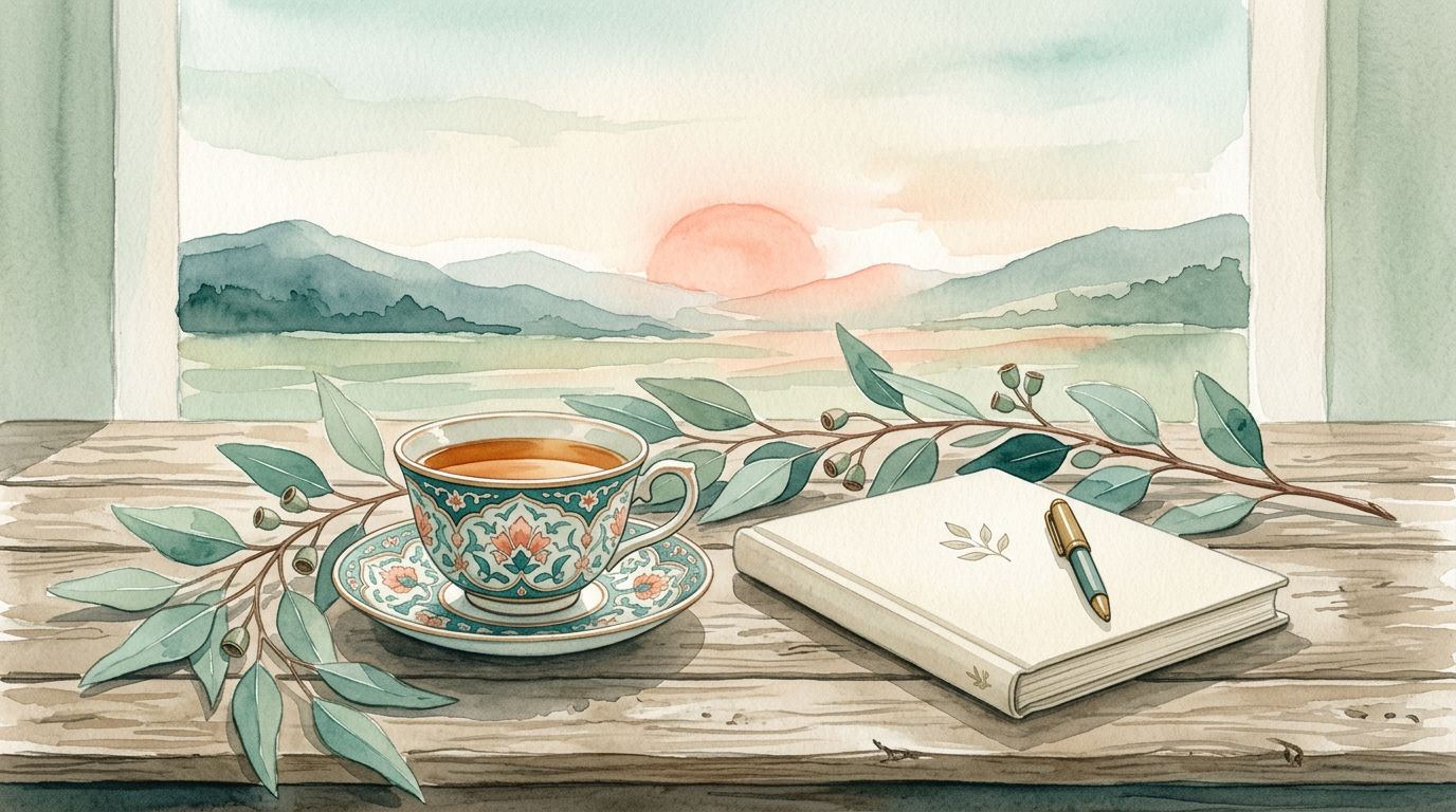 A calm sunrise over a soft watercolor illustration of a Persian tea cup, journal, and eucalyptus branch on a wooden table, teal and sage palette, minimal editorial style