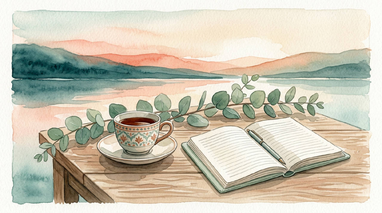 Calm sunrise over a Persian tea cup, journal and eucalyptus branch on a wooden table, teal and sage watercolor