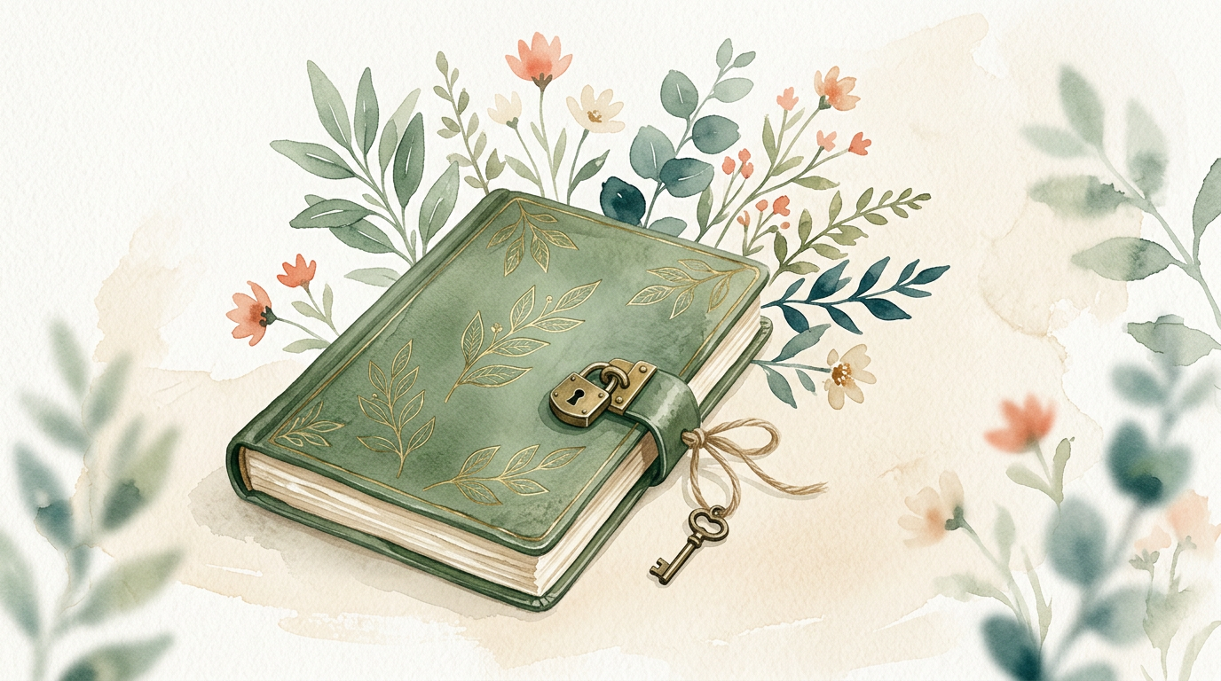 A minimalist illustration of a locked journal with a small key and soft green plants, sage and warm cream palette, editorial watercolor