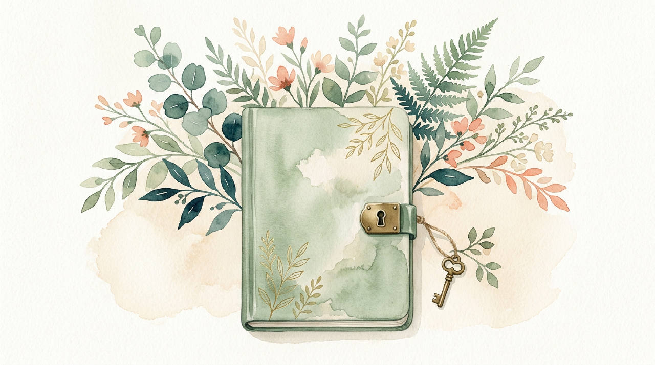 Minimalist locked journal with small key and green plants, sage watercolor