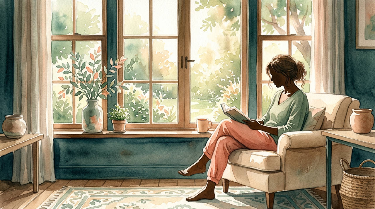 Soft silhouette in warm afternoon window, watercolor
