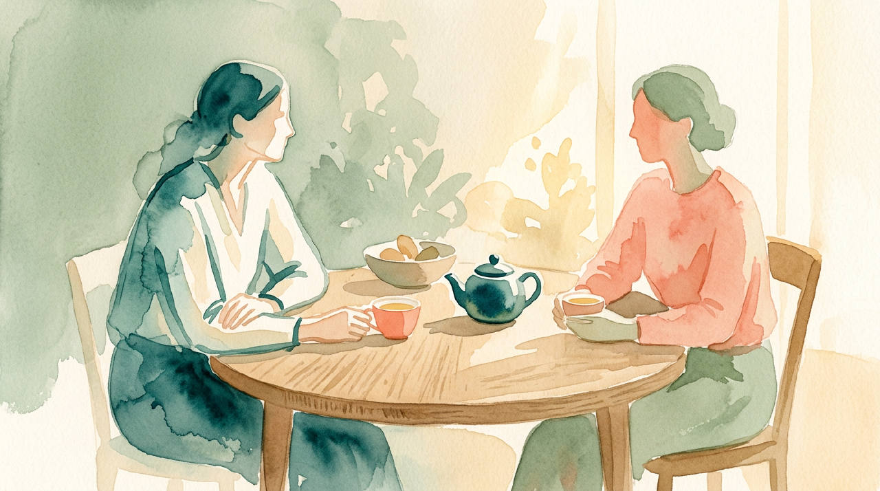Two abstract figures sharing tea across a table, golden light, minimalist watercolor