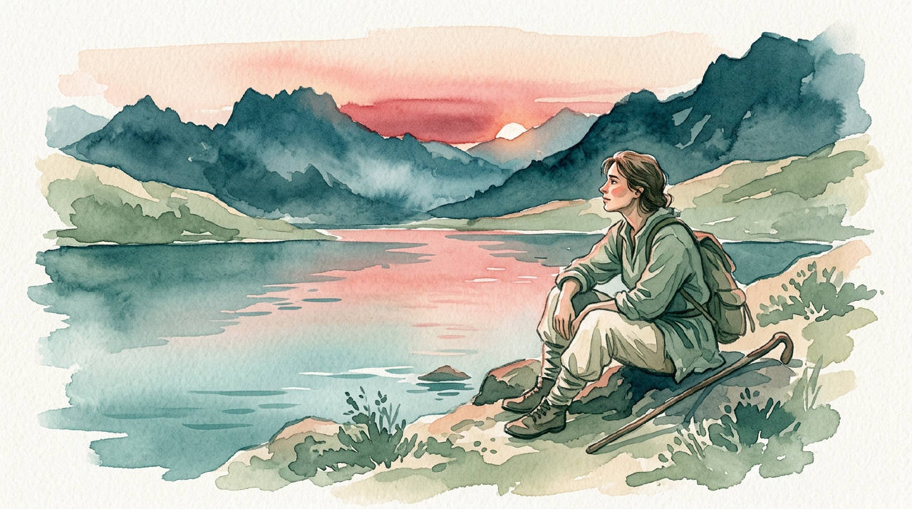 Tired hopeful figure resting by mountain lake at dawn, teal and rose watercolor