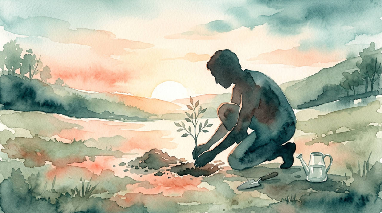 Silhouette planting a sapling at sunrise, warm green watercolor