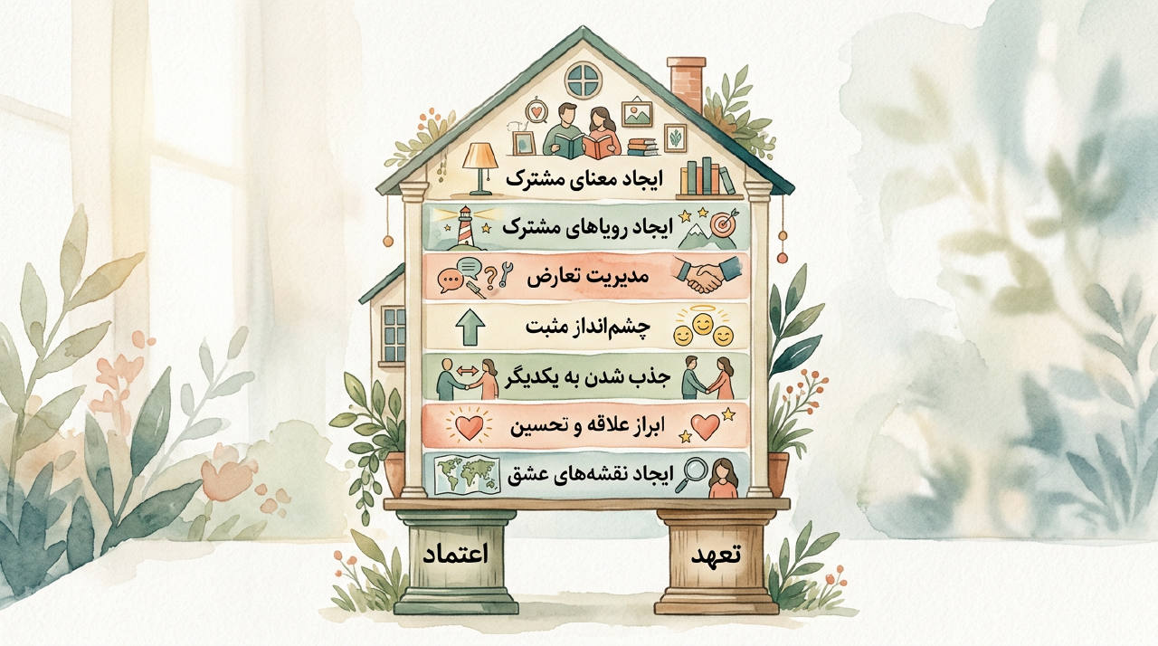 اینفوگرافیک خانه‌ی رابطه‌ی سالم گاتمن با برچسب‌های فارسی. هر طبقه با یک آیکون ساده نمایش داده شده است.