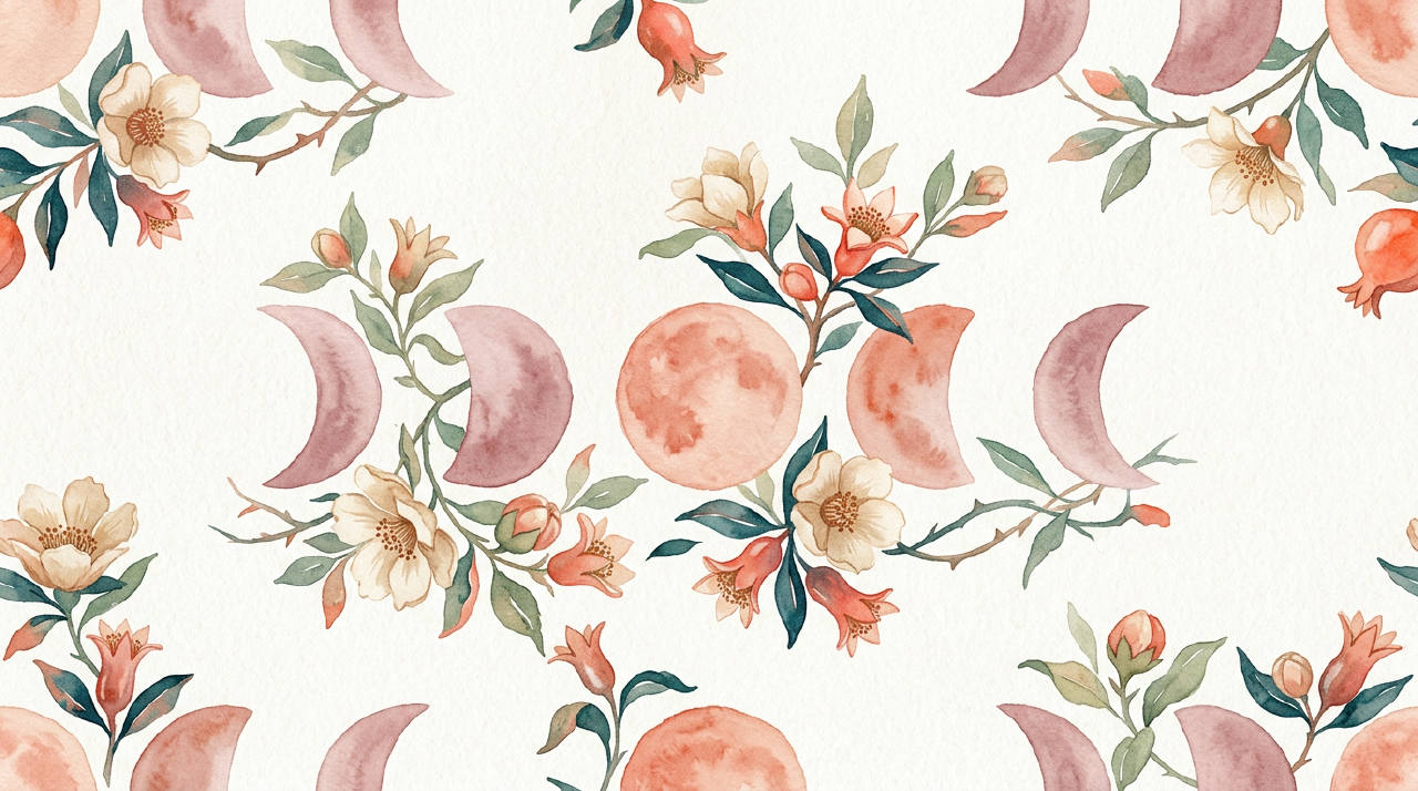 Soft moon-phase pattern with pomegranate flowers, dusty rose watercolor