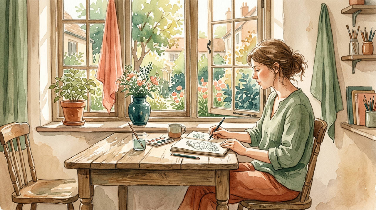 Sunlit window with a person sketching in a notebook, warm terracotta watercolor
