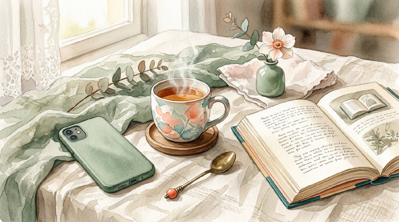 Phone facedown next to hot tea and open book on linen, warm morning watercolor