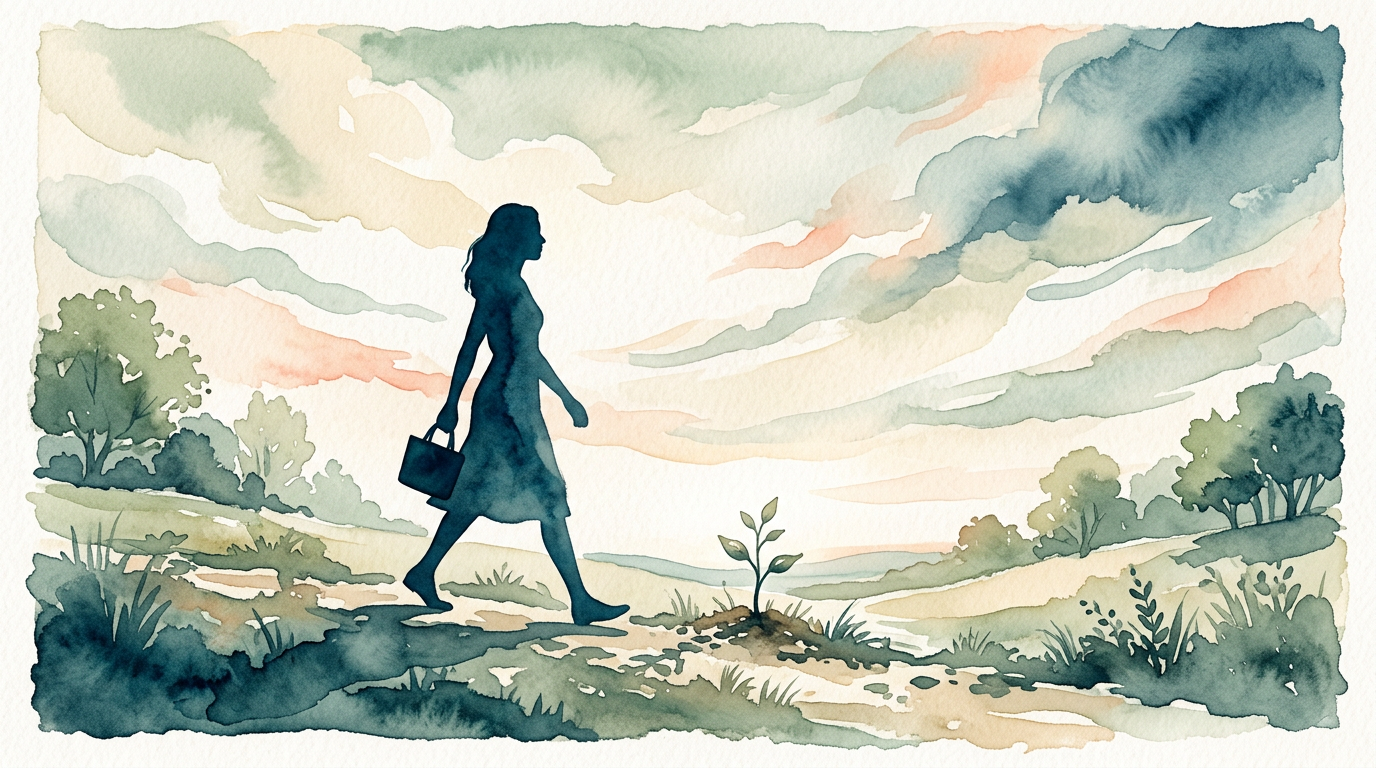 Silhouette walking under a soft cloudy sky with a small sprouting plant, muted green and cream watercolor