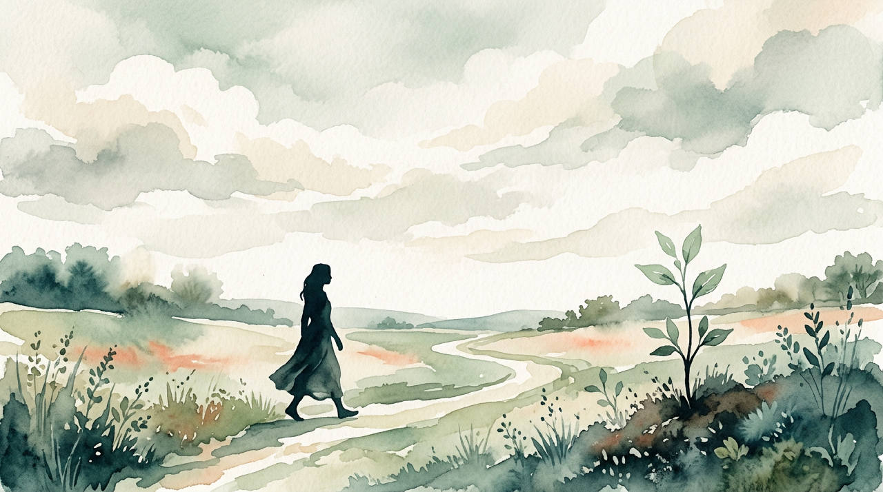 Silhouette walking under a soft cloudy sky with a small sprouting plant, muted green and cream watercolor