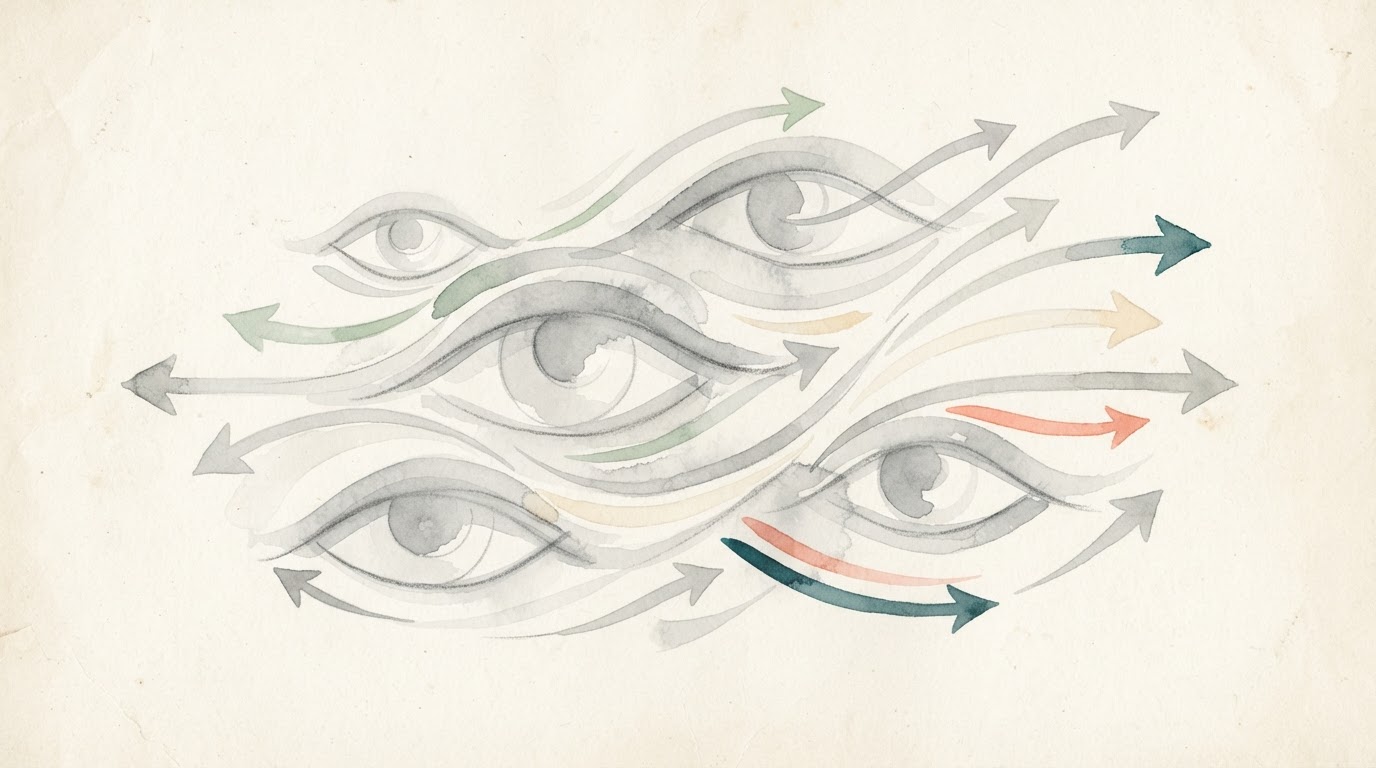 Abstract eye motion arrows in soft grey watercolor