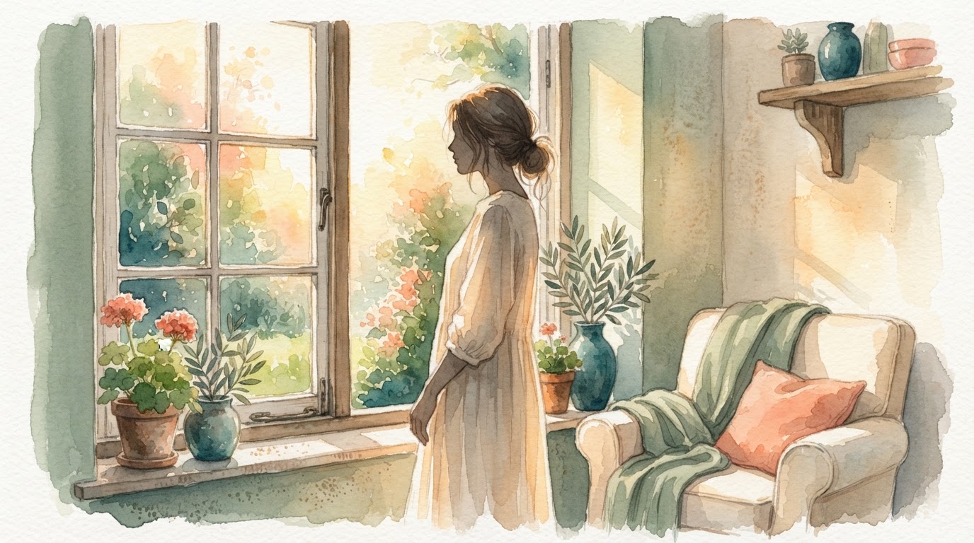 Notebook with fountain pen on wooden desk at dawn, watercolor