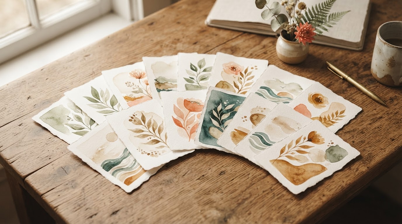 Small cards fanned out on a wooden desk, sepia watercolor