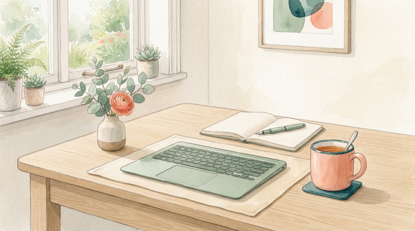 Clean desk with laptop and warm tea, watercolor