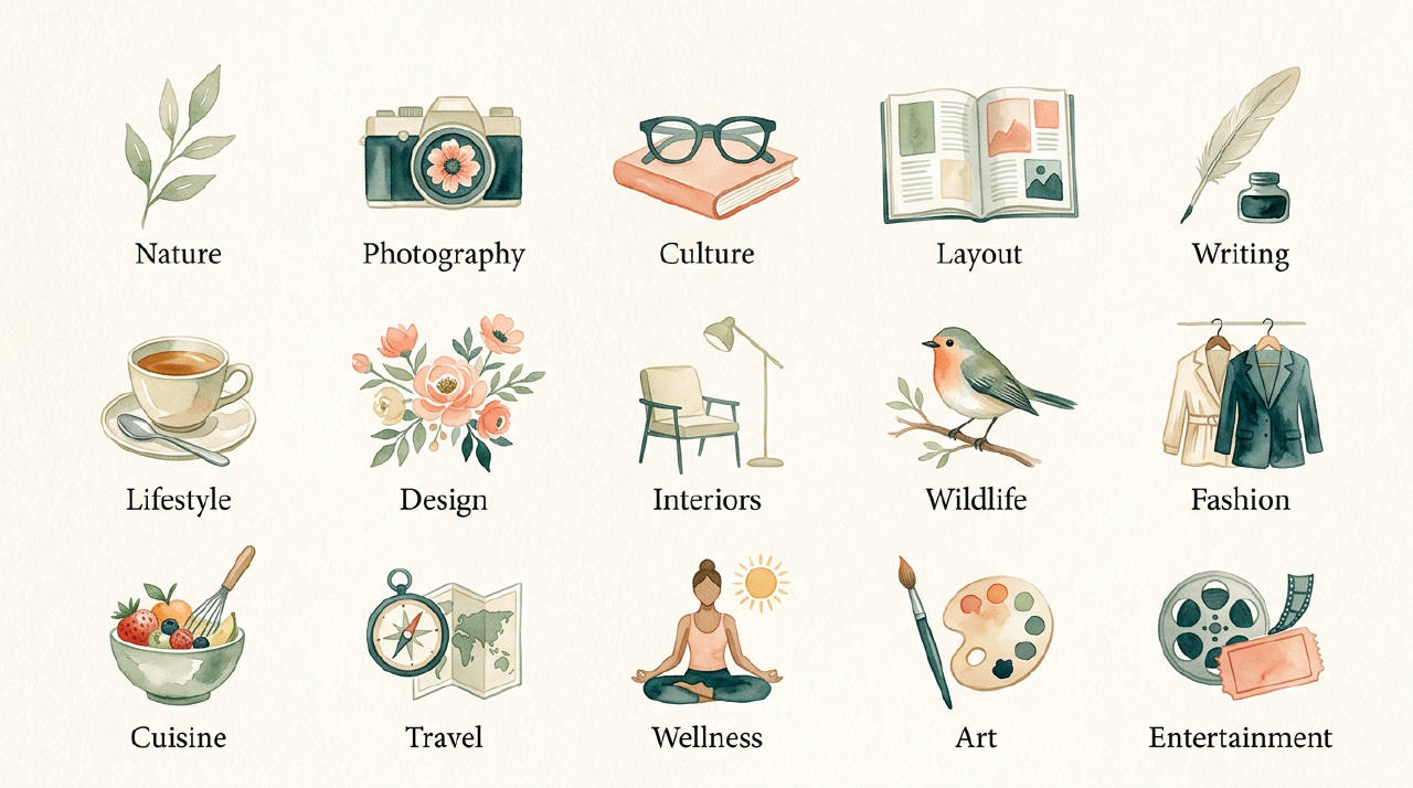 Editorial magazine layout icons in pastel watercolor