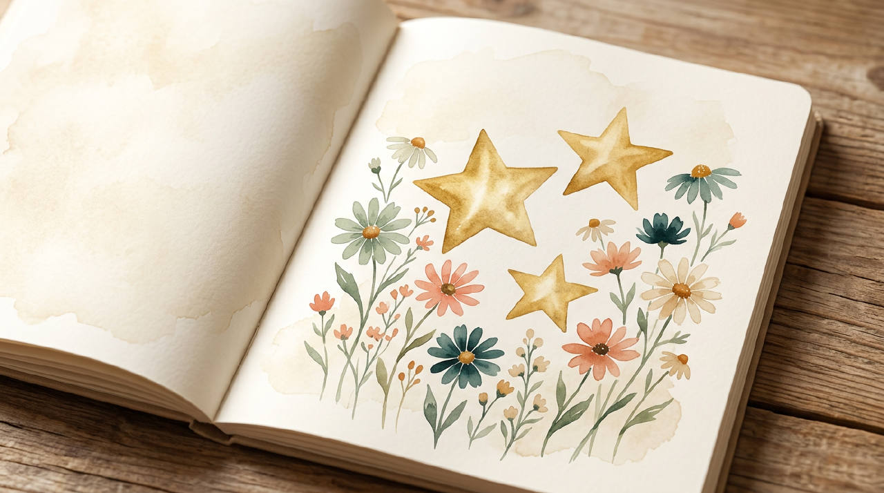 Open notebook with three golden stars and daisies, warm cream watercolor