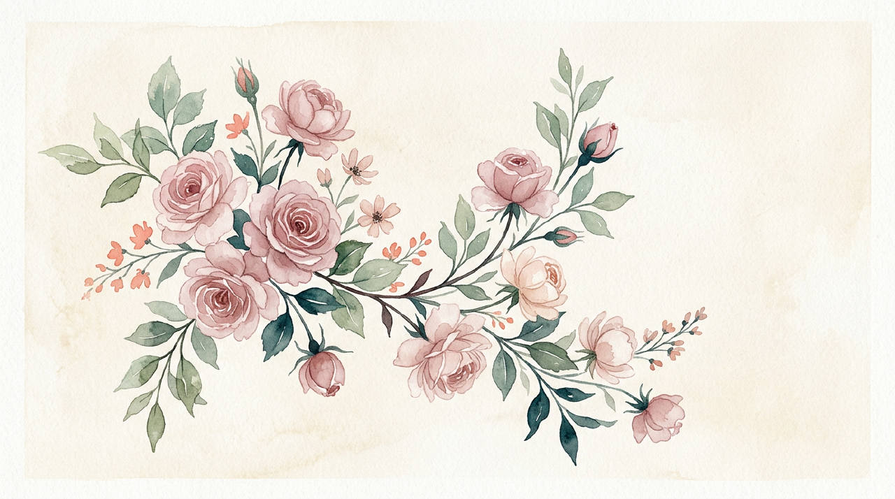 Delicate botanical illustration in dusty rose watercolor