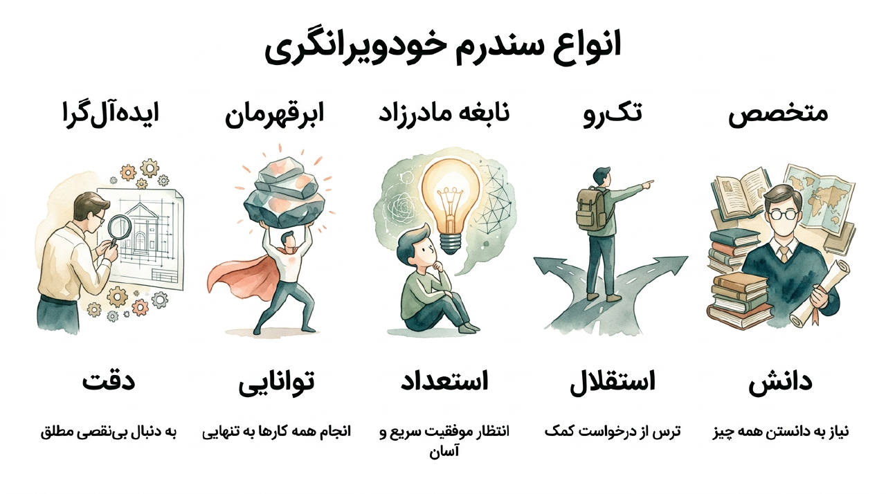 نموداری که پنج تیپ سندروم فریبکار را با آیکون‌های ساده نشان می‌دهد