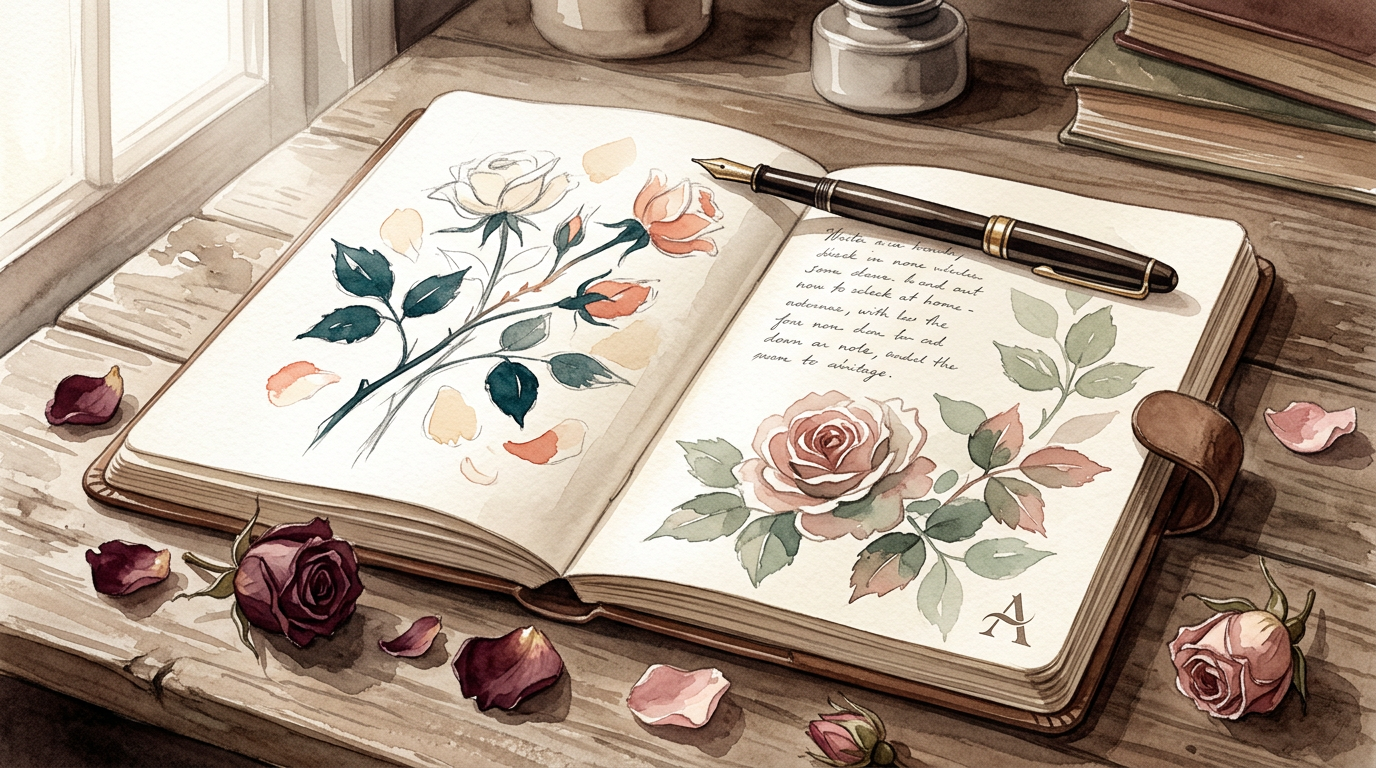 A vintage cream notebook open on a wooden desk with a fountain pen, dried rose petals nearby, warm sepia and rose palette, editorial watercolor