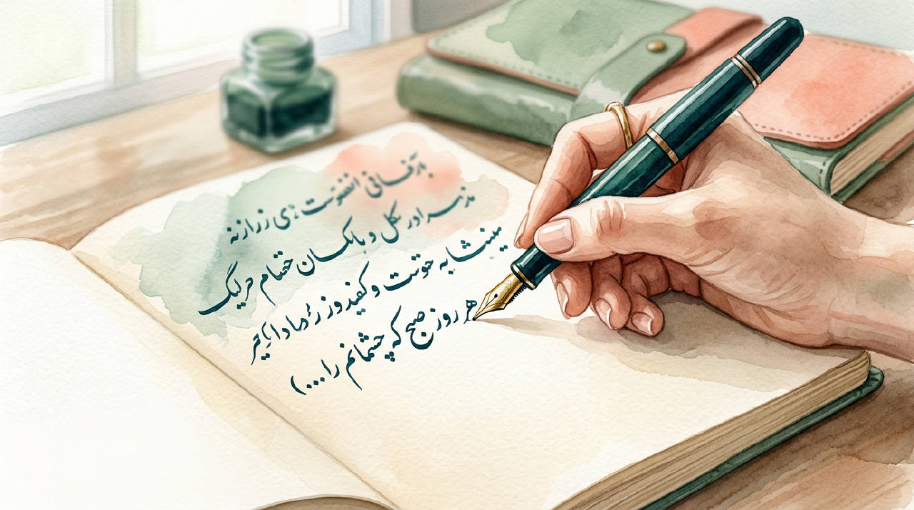 کلوزآپ از دست یک فرد در حال نوشتن در دفترچه. قلم به نرمی روی کاغذ حرکت میکند و کلمات فارسی در حال شکل گرفتن هستند.