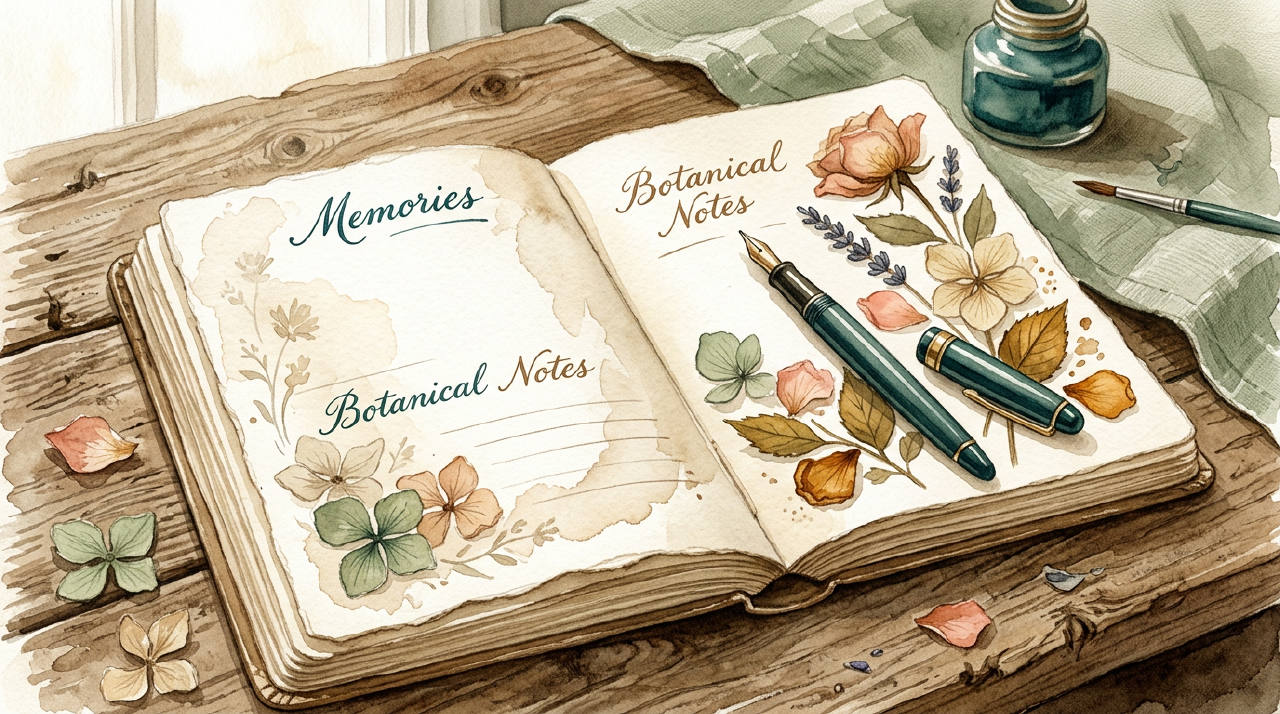 Vintage cream notebook open on wood with fountain pen and dried petals, warm sepia watercolor