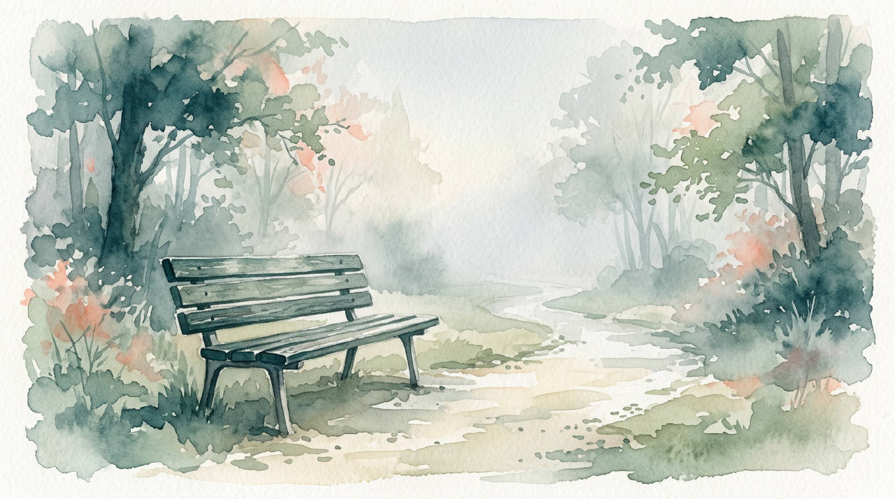 Empty park bench in soft mist, muted grey watercolor