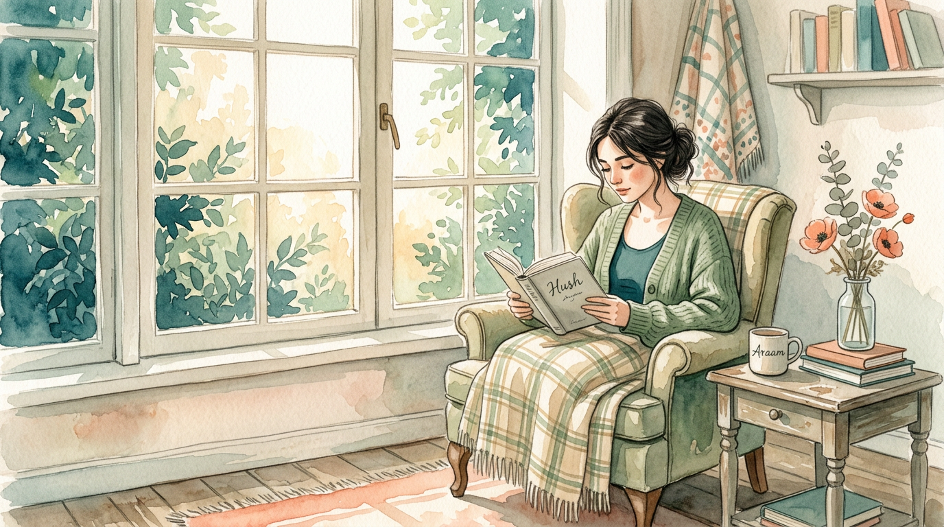 Woman reading by window in warm afternoon light, sage watercolor