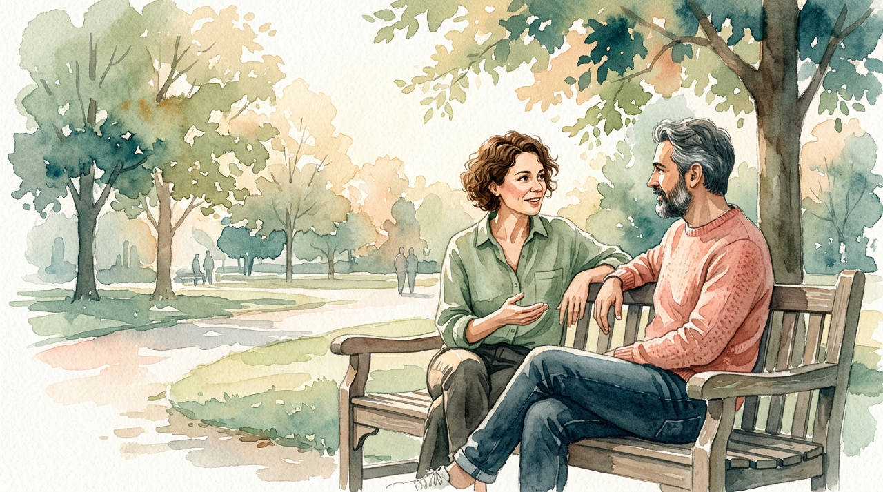 Two people talking on a bench with warm afternoon light, watercolor