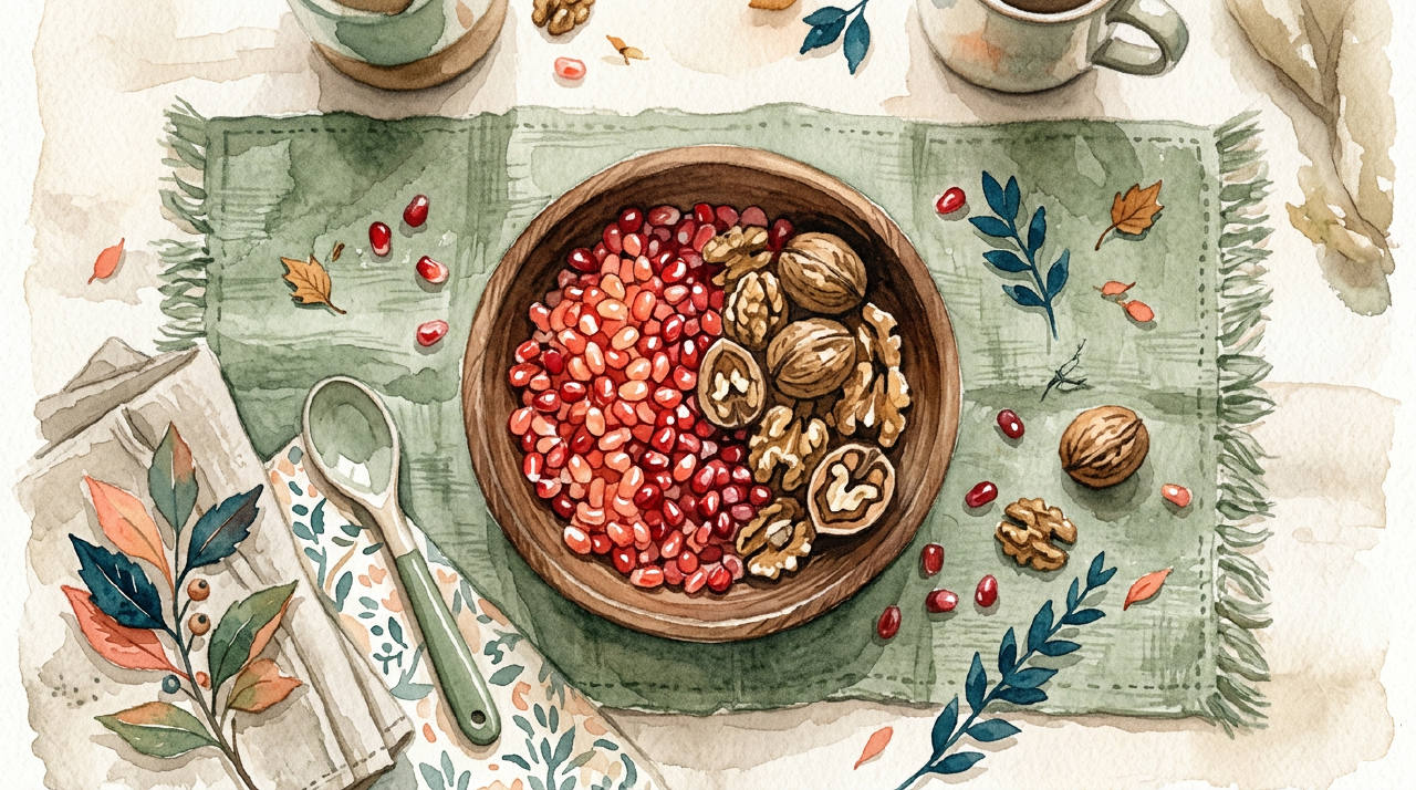 Overhead wooden bowl of pomegranate seeds and walnuts on linen, autumn watercolor