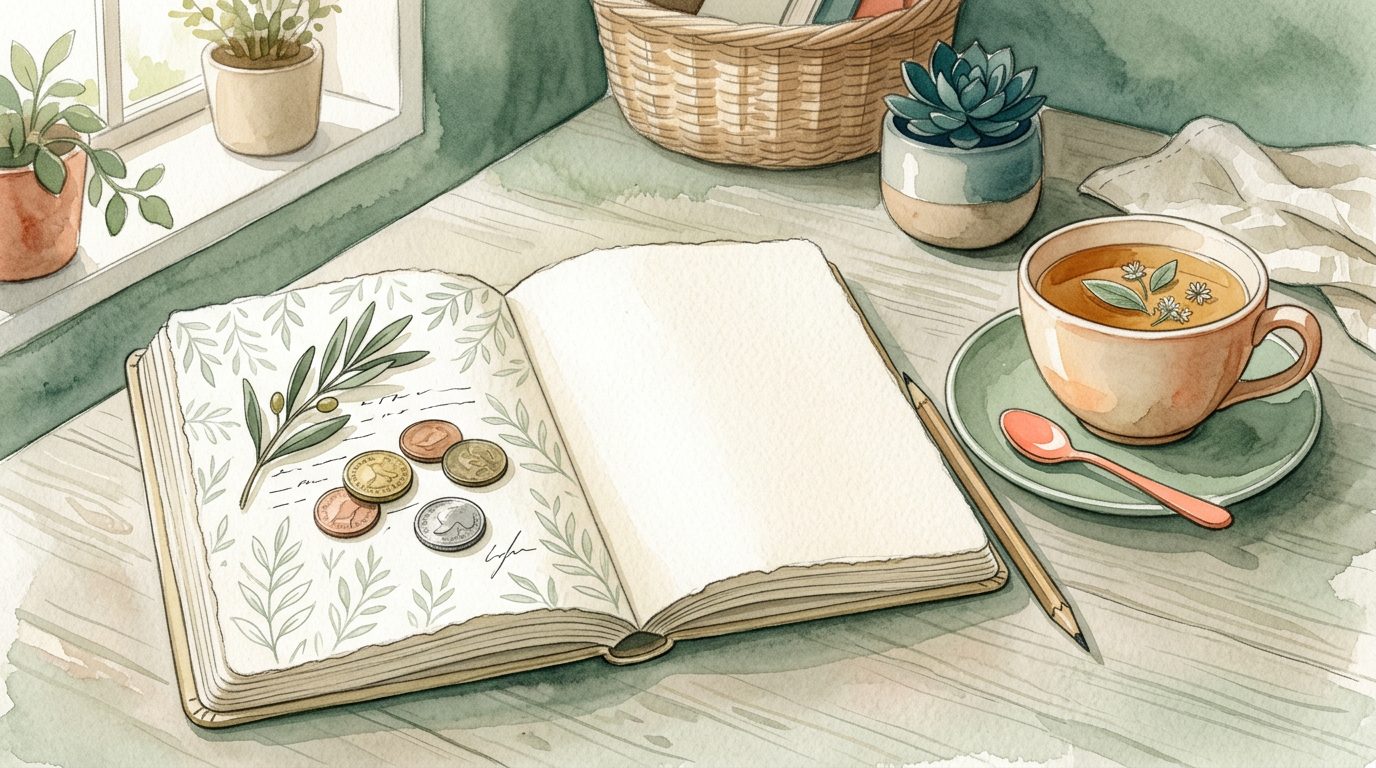 Open notebook with coins and calm tea, muted green watercolor