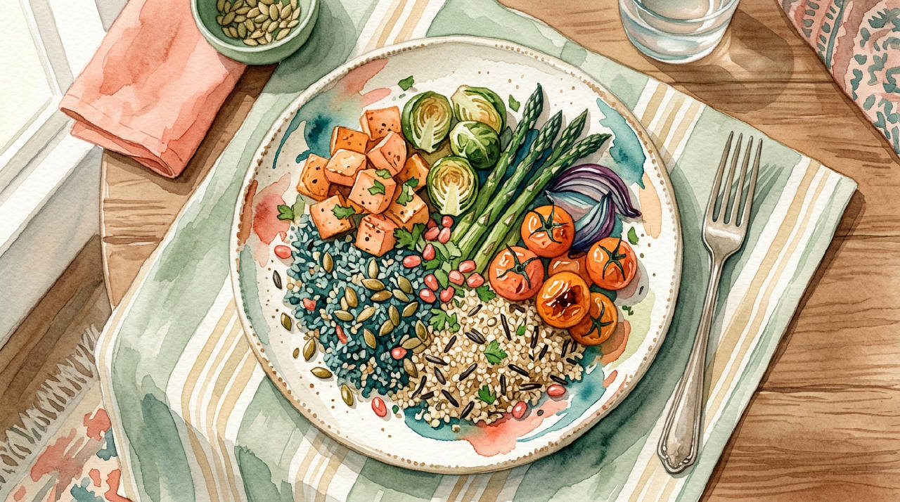 Overhead colorful plate of vegetables and grains, watercolor