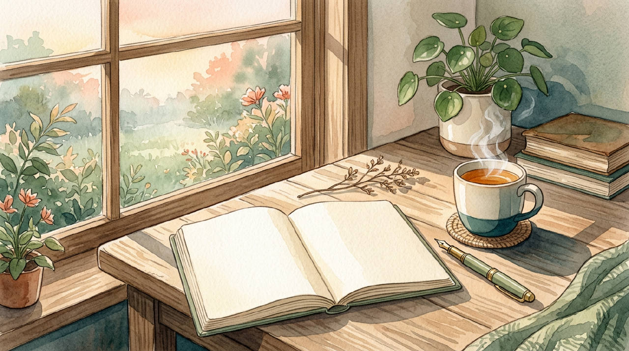 A cozy, sunlit desk in the early morning with a blank notebook, a pen, and a cup of tea. The mood is calm and inviting.