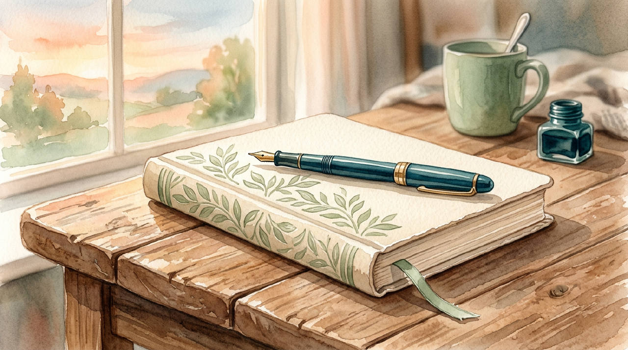 Notebook with fountain pen on wooden desk at dawn, watercolor