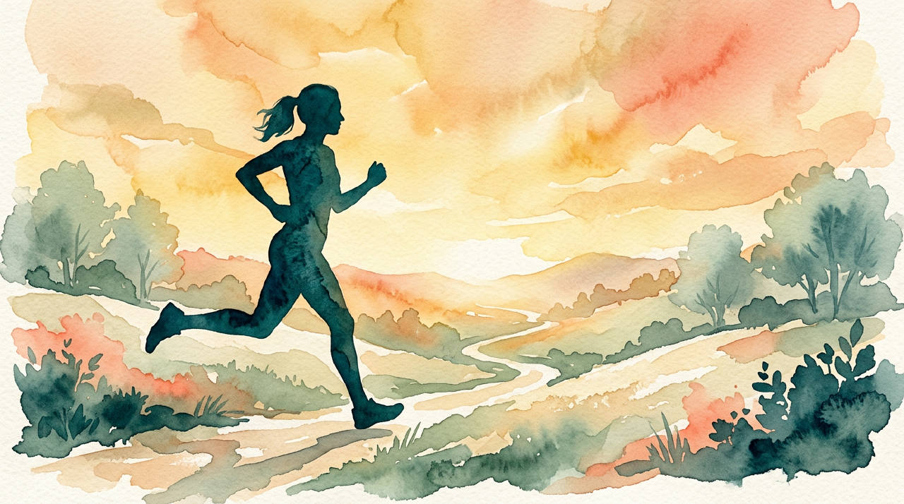 Runner silhouette in dawn light, warm gold watercolor