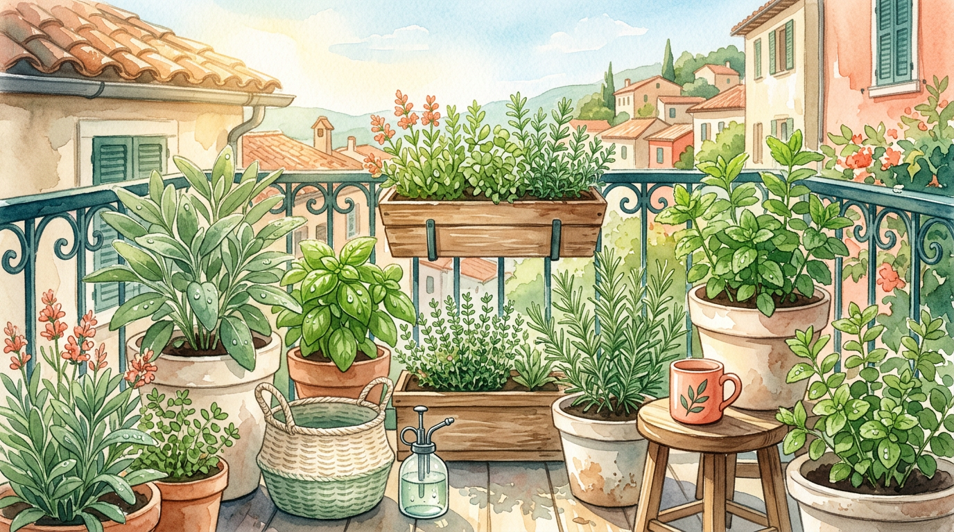 Balcony garden with herbs and sunlight, dew drops, warm green watercolor